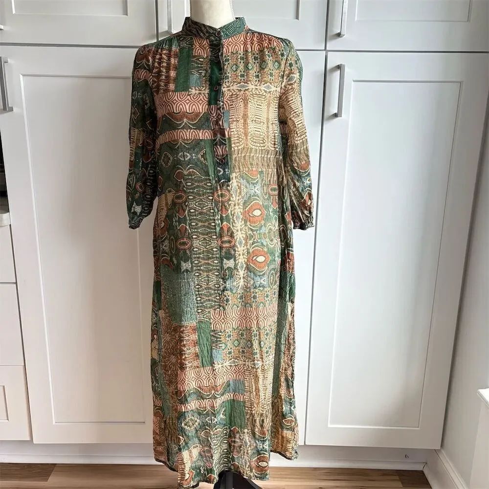 Ellison Semi Sheer Patchwork Print Maxi Dress Multicolor Long Sleeve Casual S